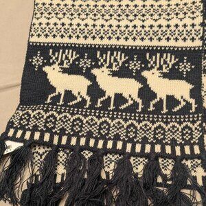 Forever 21 Christmas Themed Black Scarf W/ Reindeer & Tassels